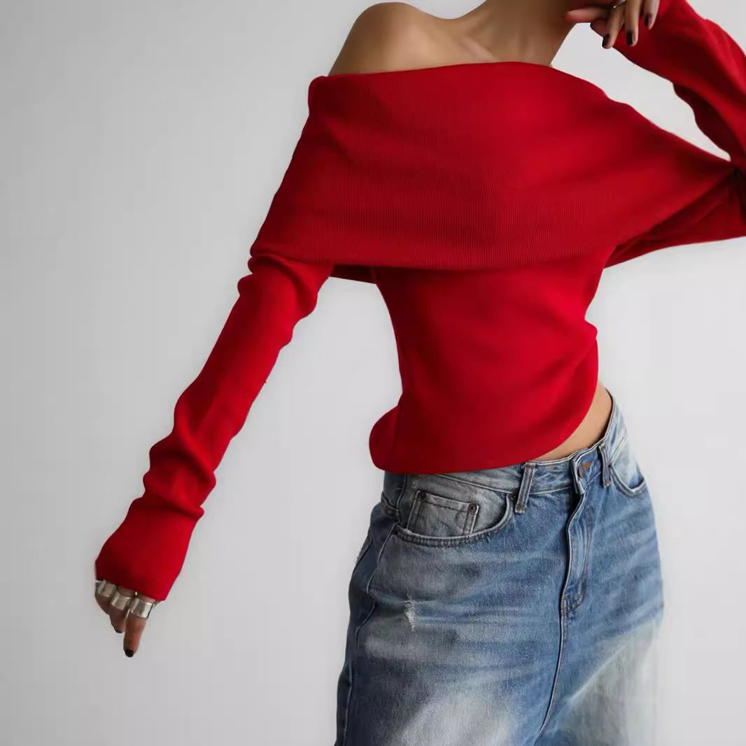 Damen Elegantes Off-Shoulder Oberteil mit geschmeidiger Textur und ausgestellten Ärmeln EB