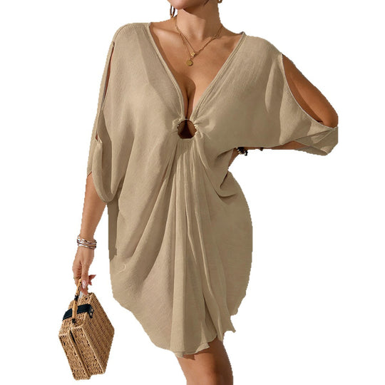 Damen Strandkleid mit tiefem V-Ausschnitt und lockerem Schnitt EB