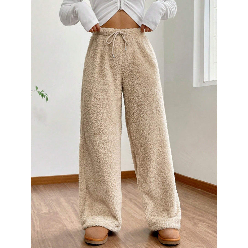 Damen Flauschige Relax-Hose mit Bindegürtel und weit geschnittenem Bein EB