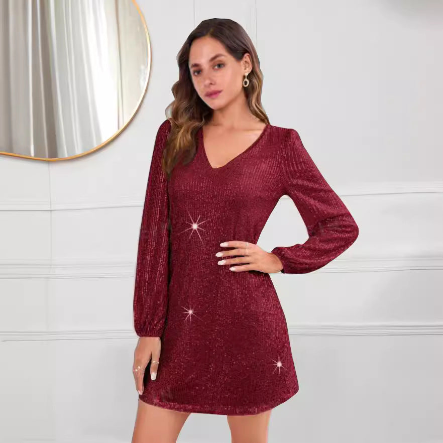 Damen Glitzerndes Cocktailkleid mit V-Ausschnitt und langen Ärmeln EB