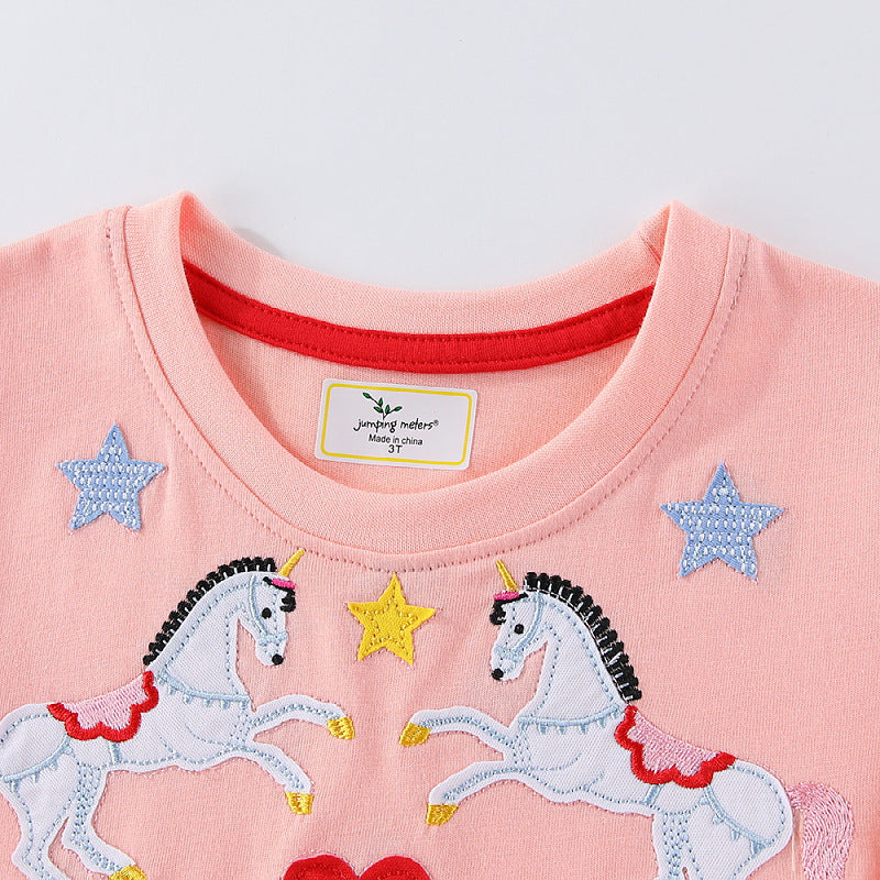 Mädchen Sommerkleid mit buntem Einhornmotiv und fröhlichen Applikationen EB
