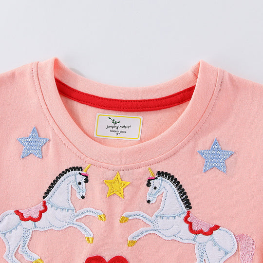 Mädchen Sommerkleid mit buntem Einhornmotiv und fröhlichen Applikationen EB