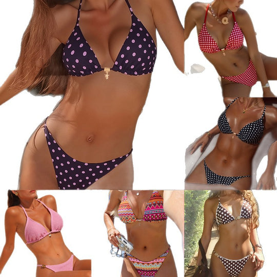Damen Triangel-Bikini mit modischem Punktedesign und goldener Verschlussdetails EB