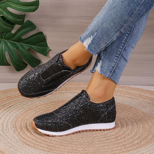 Damen Sportliche Slip-On Sneakers mit funkelndem Glitzer-Heel EB