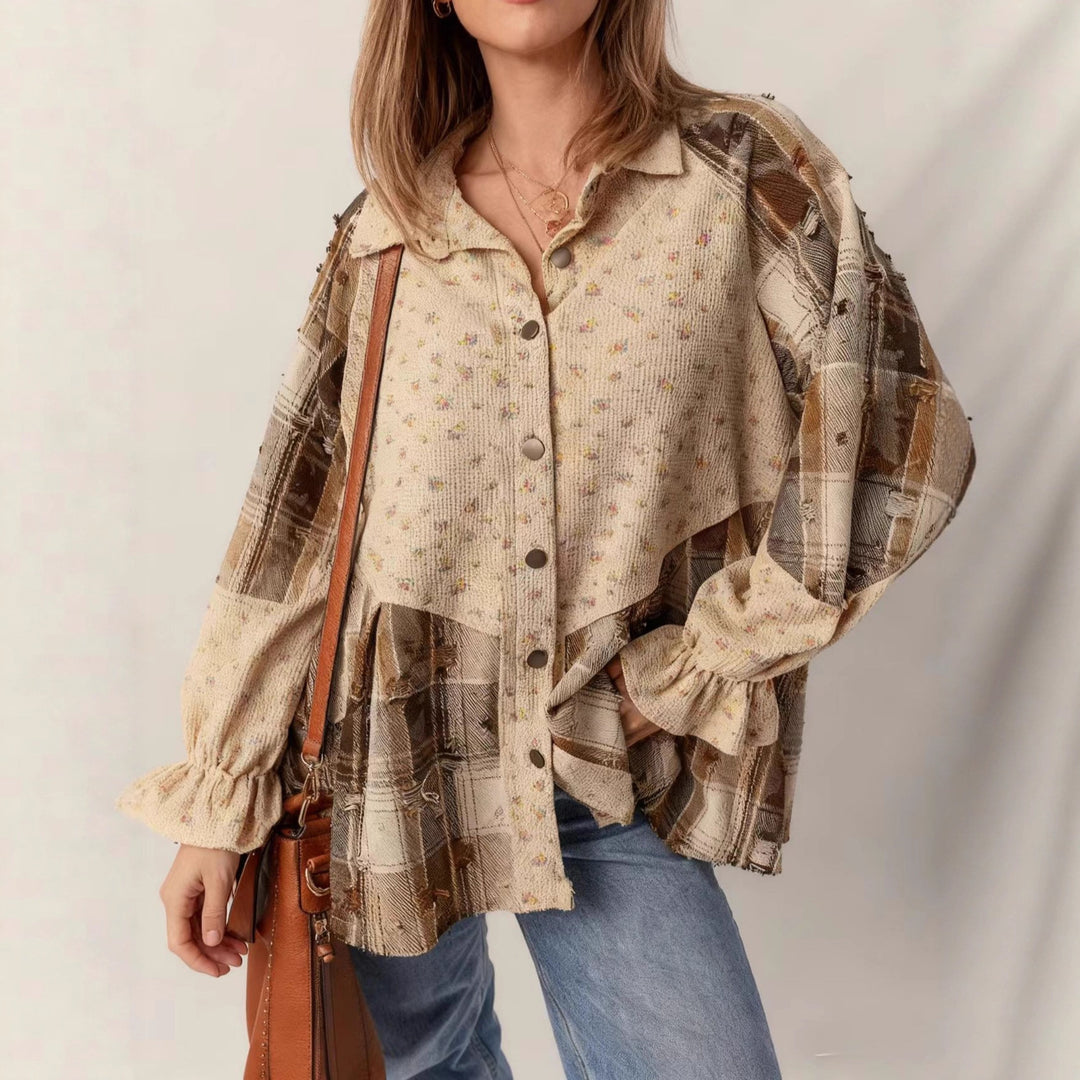 Damen Patchwork-Bluse-Jacke mit plissiertem Saum und Knopfleiste EB
