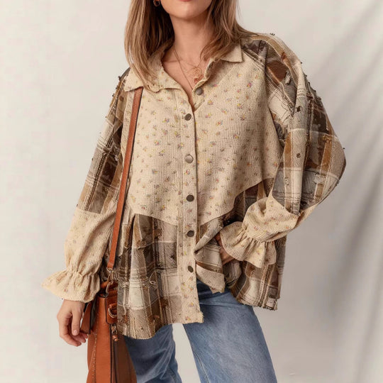 Damen Patchwork-Bluse-Jacke mit plissiertem Saum und Knopfleiste EB