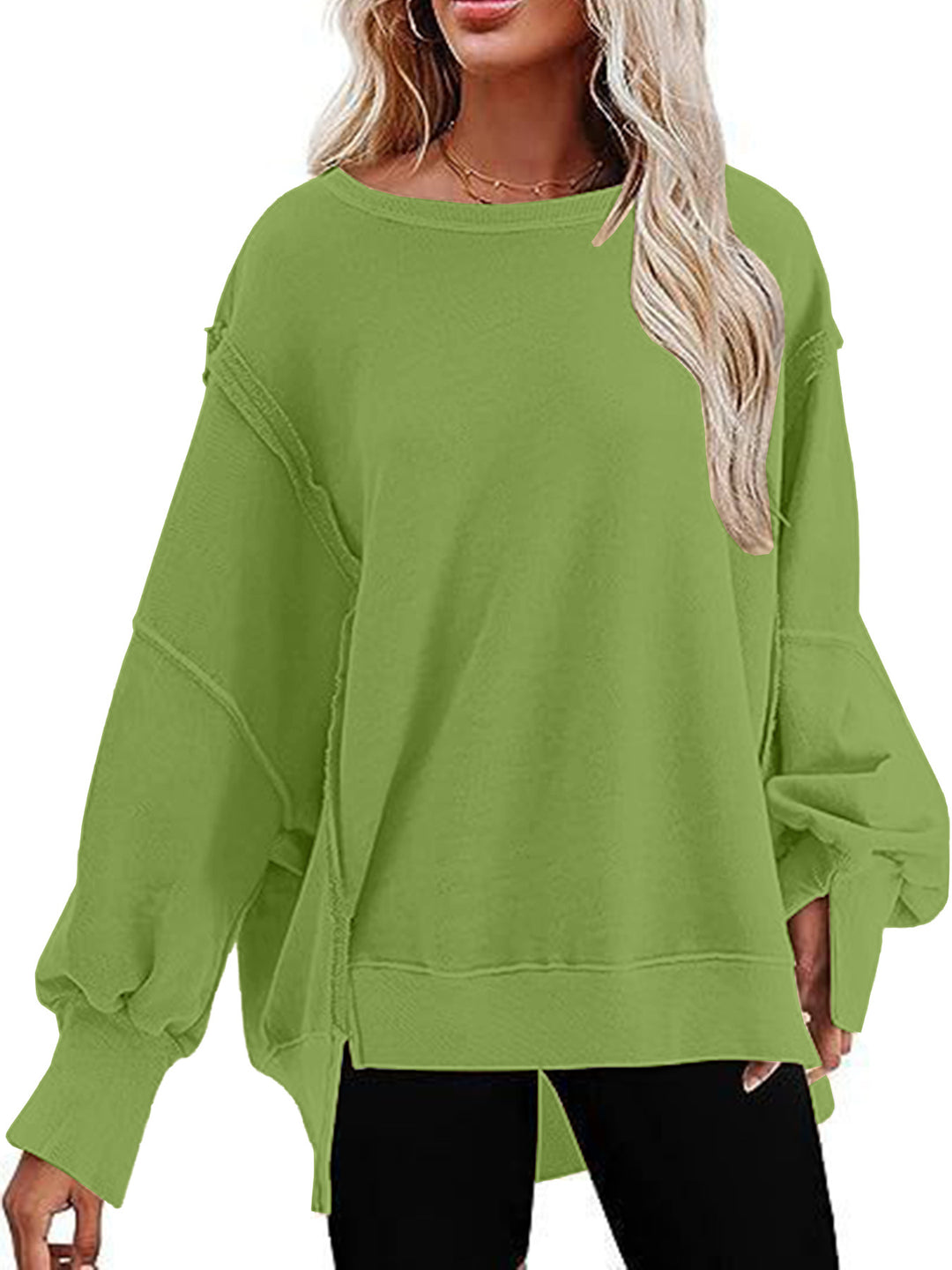 Damen lässiger Sweatshirt mit Ballonärmeln und seitlichen Schlitzen EB
