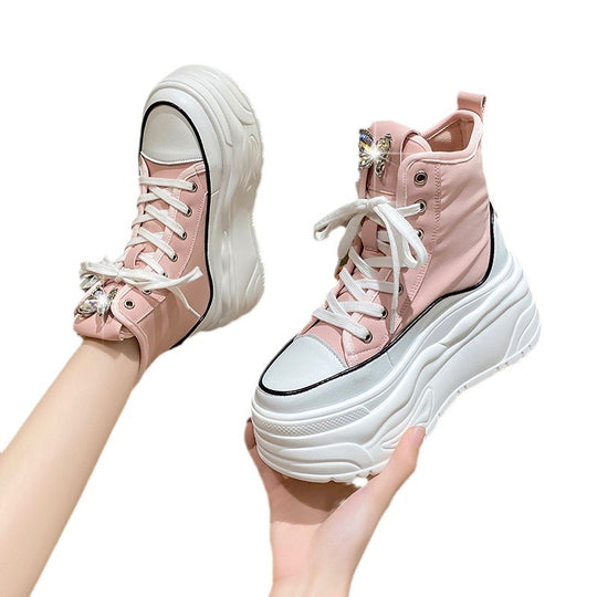 Damen nan Plateau-Sneaker mit hohem Schaft, Schnürung und Schmetterling-Brosche EB