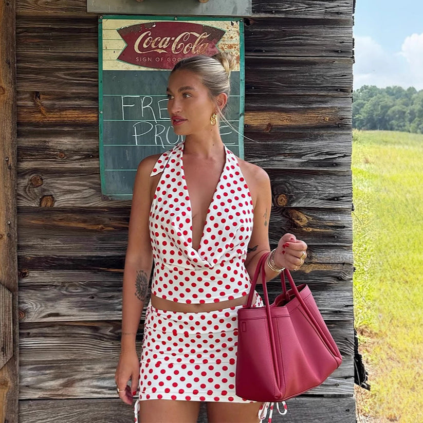 Damen Verspieltes Polka-Dot Top und Wickelrock Set EB