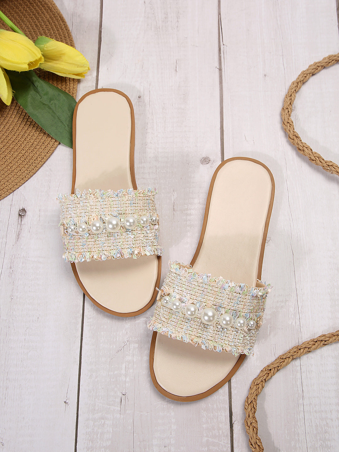 Damen Elegante Mules mit perlenbesetztem Riemendesign und komfortabler Sohle EB