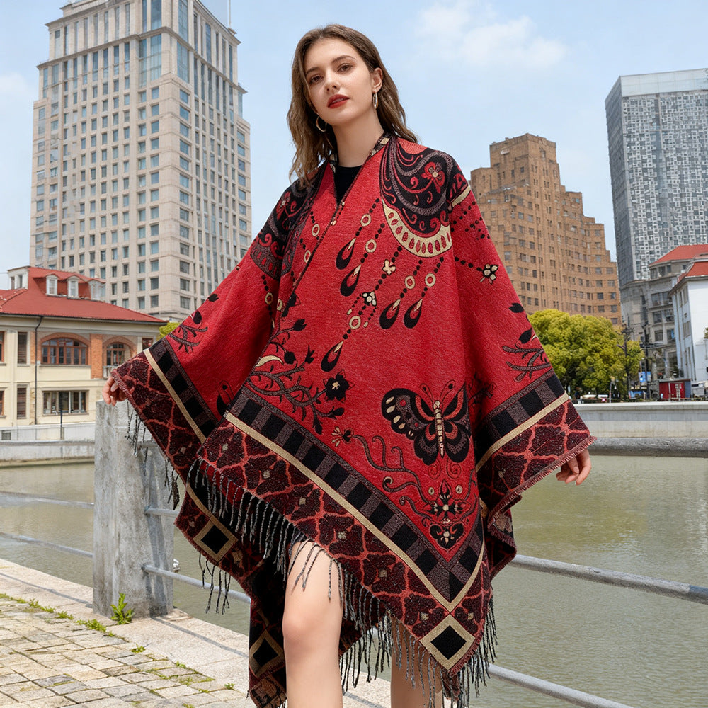 Damen Gewebter Kimono-Poncho mit Ornamentjacquard, V-Ausschnitt und Fransensaum EB