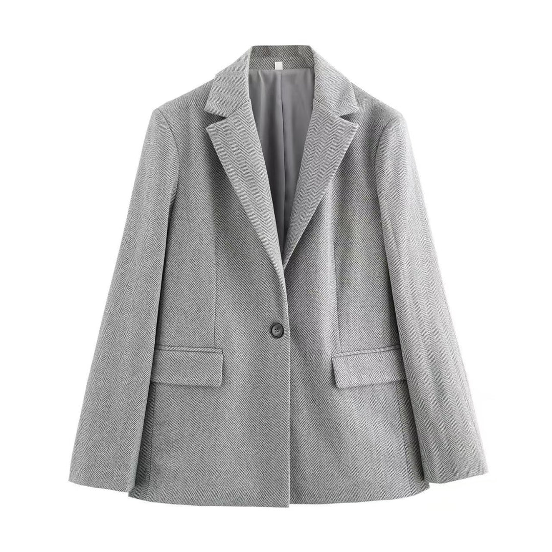 Damen Einreihiger Blazer mit Fischgrätmuster, Reverskragen und Pattentaschen EB