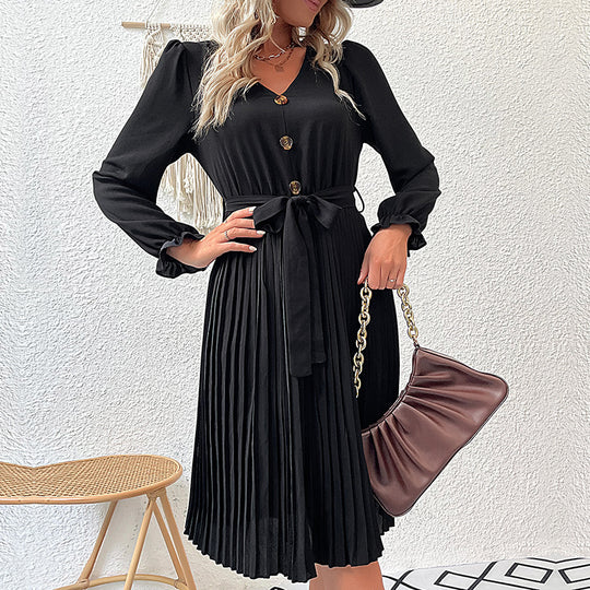 Damen Faltenrock-Kleid mit Knopfleiste und Gürtel EB