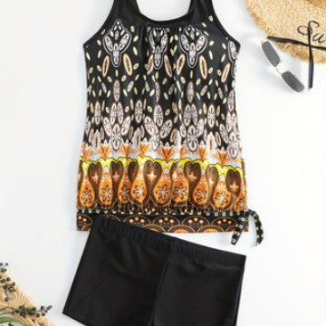 Damen Tankini-Set mit buntem Muster und bequemen Badeshorts EB