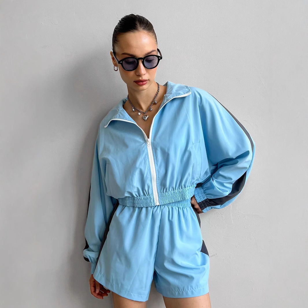Damen sportliches Windbreaker-Set mit elastischem Bund und stylischen Kontraststreifen EB