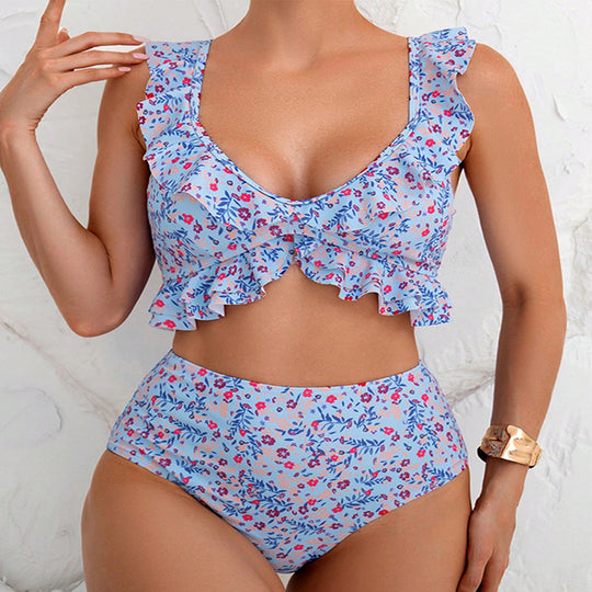 Damen Hochtailliertes Bikini-Set mit fröhlichem Rüschendetail EB