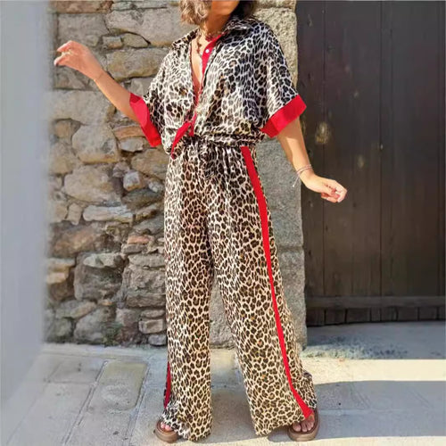 Damen eleganter Leoprint-Jumpsuit mit weiten Beinen und lockerer Passform EB