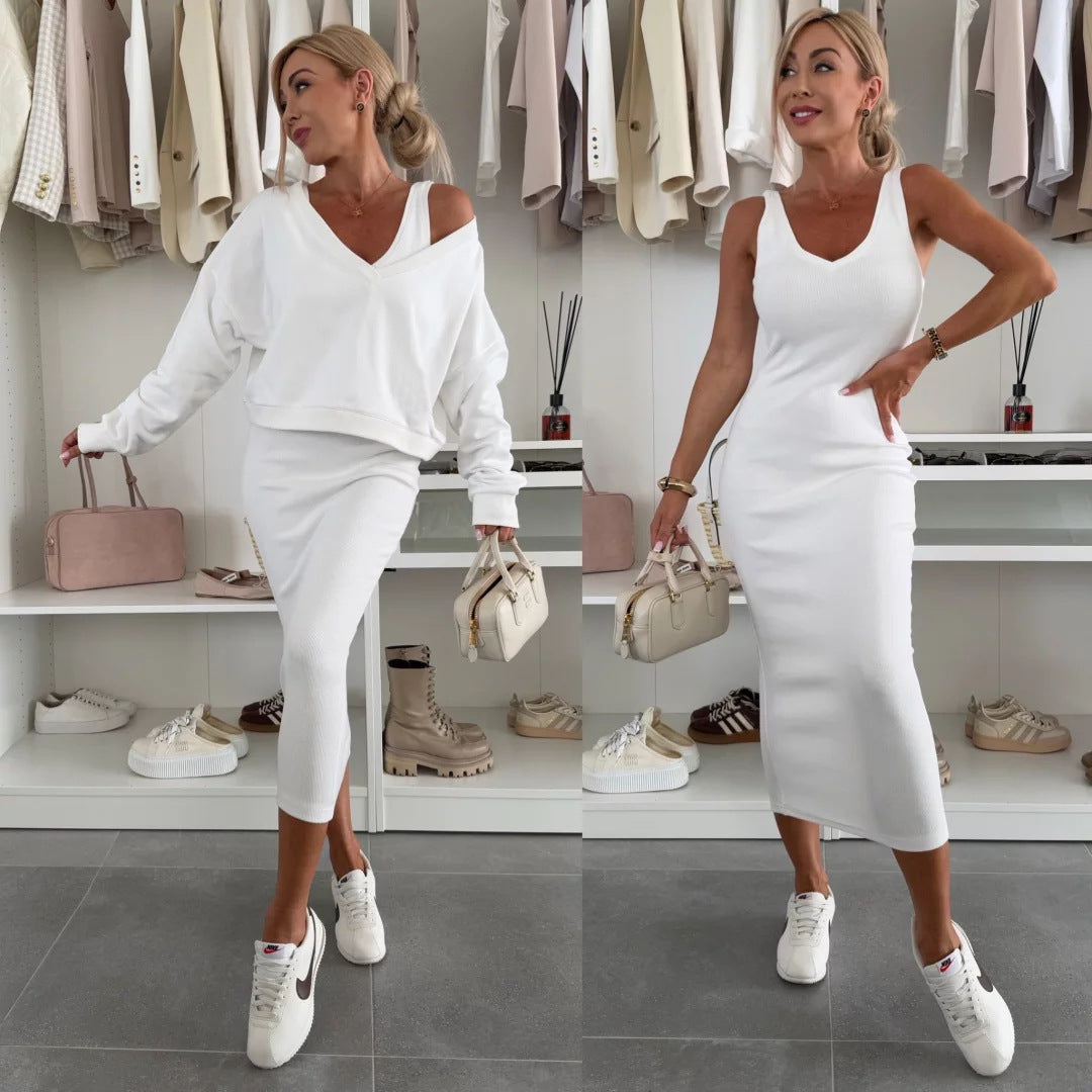 Damen weiches geripptes Lounge-Set mit Oversize-Viskoseshirt und High-Waist Schlaghose EB
