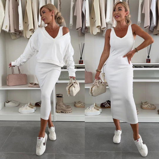 Damen weiches geripptes Lounge-Set mit Oversize-Viskoseshirt und High-Waist Schlaghose EB