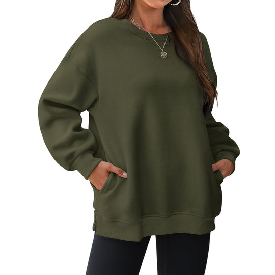 Damen nan verlängertes Oversize Rundhalspullover mit seitlichen Eingrifftaschen, Rippbündchen und überschnittener Schulter EB