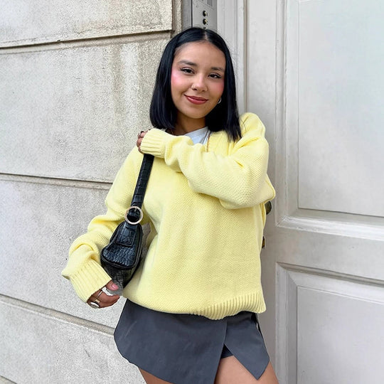 Damen Oversized Strickpullover mit V-Ausschnitt und lässigem Schnitt EB