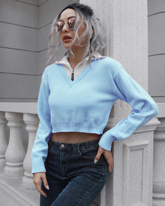 Damen Cropped Pullover mit hohem Kragen und verdecktem Reißverschluss EB