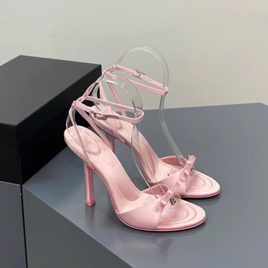 Damen elegante High Heel Sandalen mit transparentem Riemen und stilvollen Schleifen EB