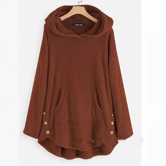 Damen nan kuscheliger Teddy-Kapuzenpullover mit Kängurutasche, Knopfleiste an den Seiten und abgerundetem Saum EB