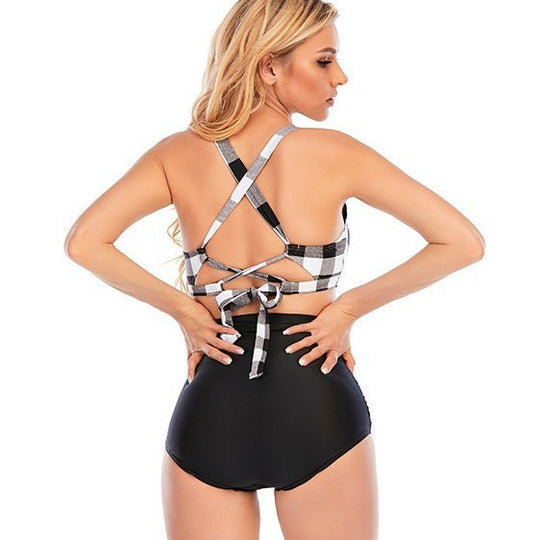 Damen Zweiteiliges Bikini-Set mit kariertem Oberteil und hohem Bund EB
