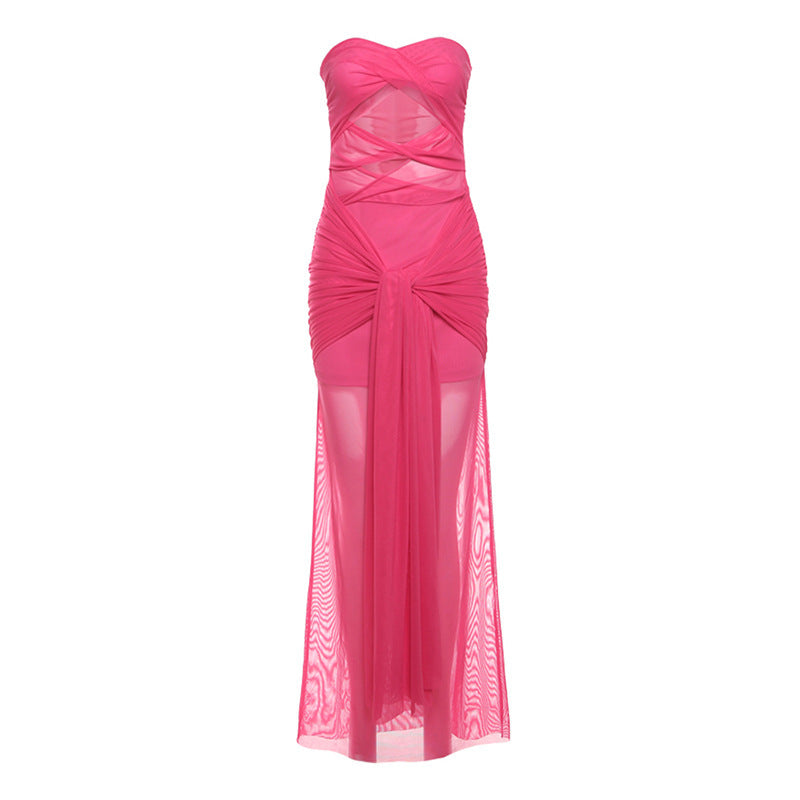 Damen Elegantes trägerloses Maxikleid mit raffinierten Drapierungen und transparenter Optik EB