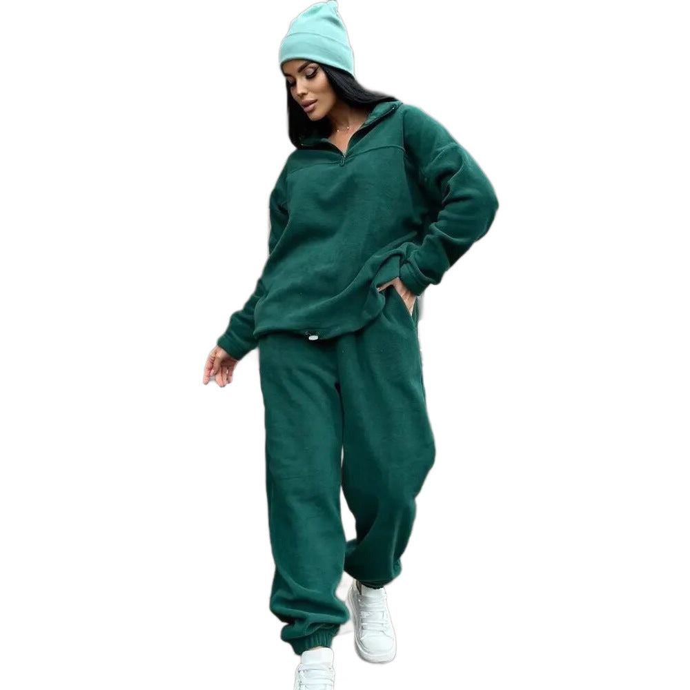 Damen Kuscheliges Fleece-Loungewear-Set mit Halb-Reißverschluss und elastischem Bund EB