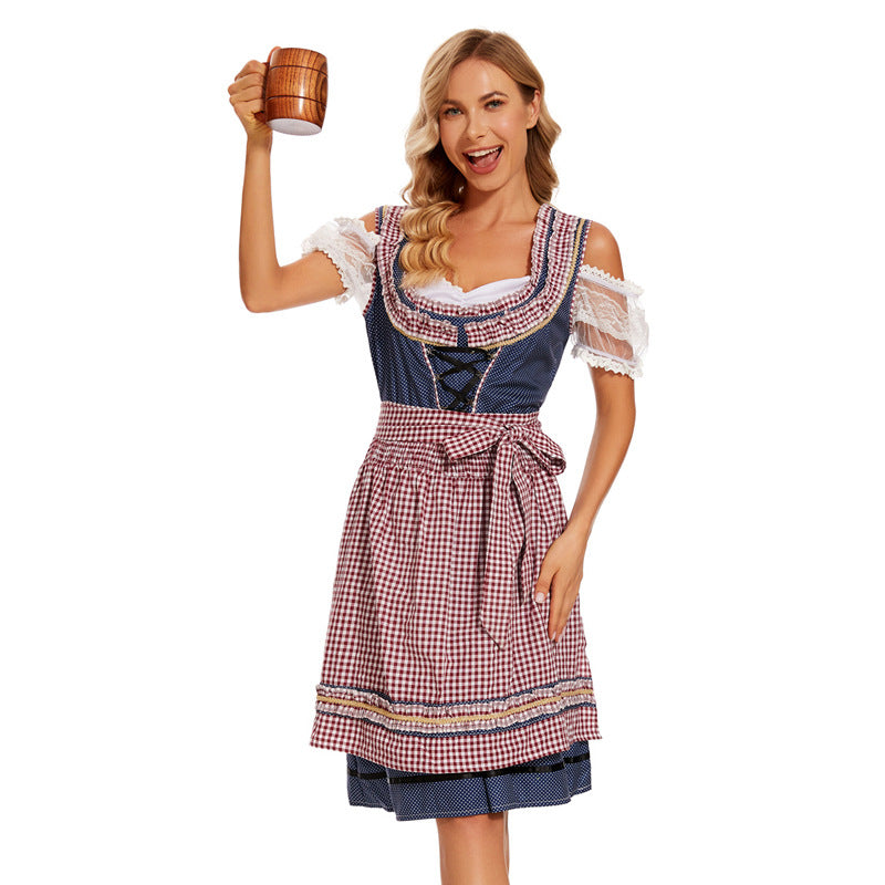 Damen nan traditionelles Dirndlkleid mit kariertem Schürzenrock, Schnürung und Spitzenärmeln EB