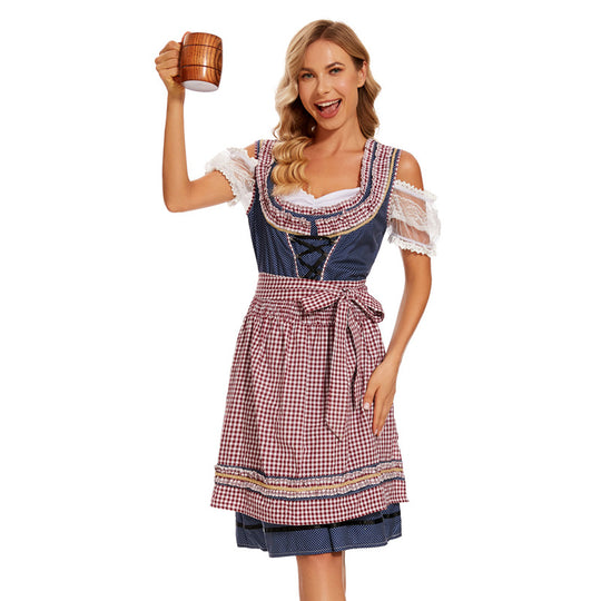 Damen nan traditionelles Dirndlkleid mit kariertem Schürzenrock, Schnürung und Spitzenärmeln EB