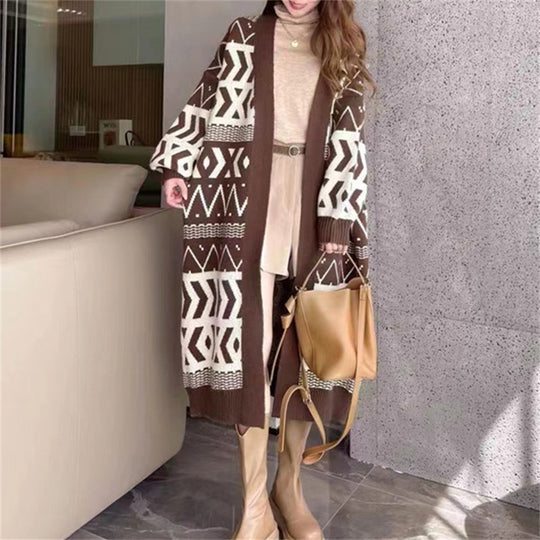 Damen Long Cardigan mit grafischem Design und tiefen Taschen EB