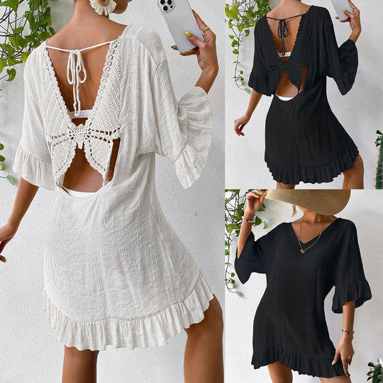 Damen lässiges Strandkleid mit V-Ausschnitt und Rüschensäumen EB