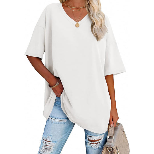 Damen Oversized T-Shirt mit V-Ausschnitt und seitlichen Schlitzen EB
