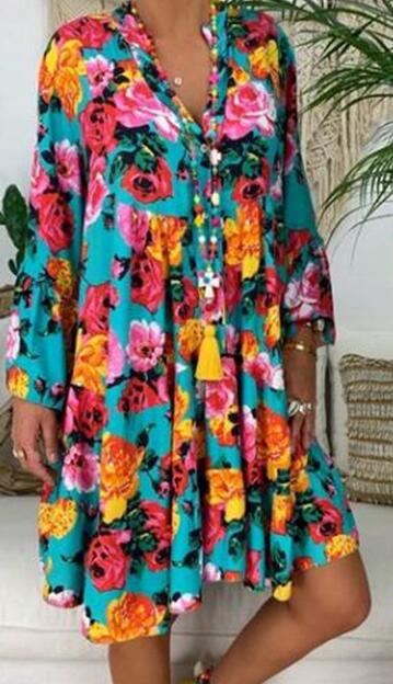Damen nan A-Linien-Tunika-Minikleid mit V-Ausschnitt, stufigem Volant und Boho-Bandana-Print EB