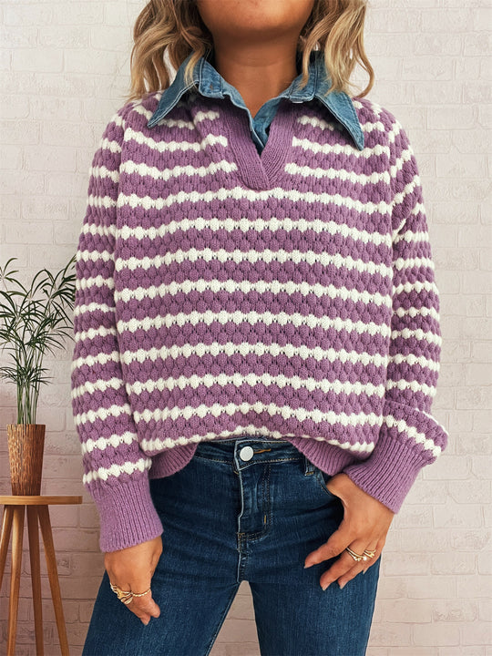 Damen Strickpullover mit tiefem V-Ausschnitt und markantem Streifenmuster EB