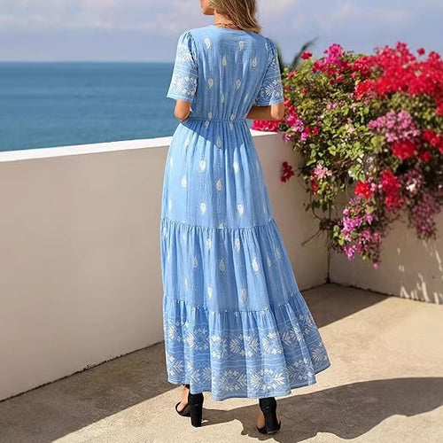 Damen Boho Maxikleid mit floralen Prints und Taillengürtel EB