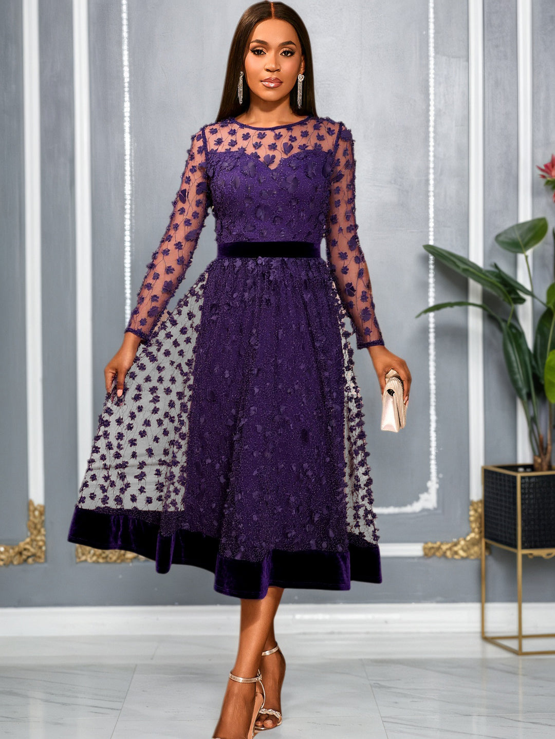 Damen elegantes A-Linien Abendkleid mit floralen Spitzenapplikationen EB