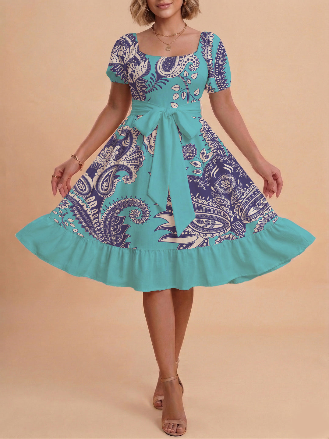 Damen elegantes Maxikleid mit floralem Design und Taillengürtel EB