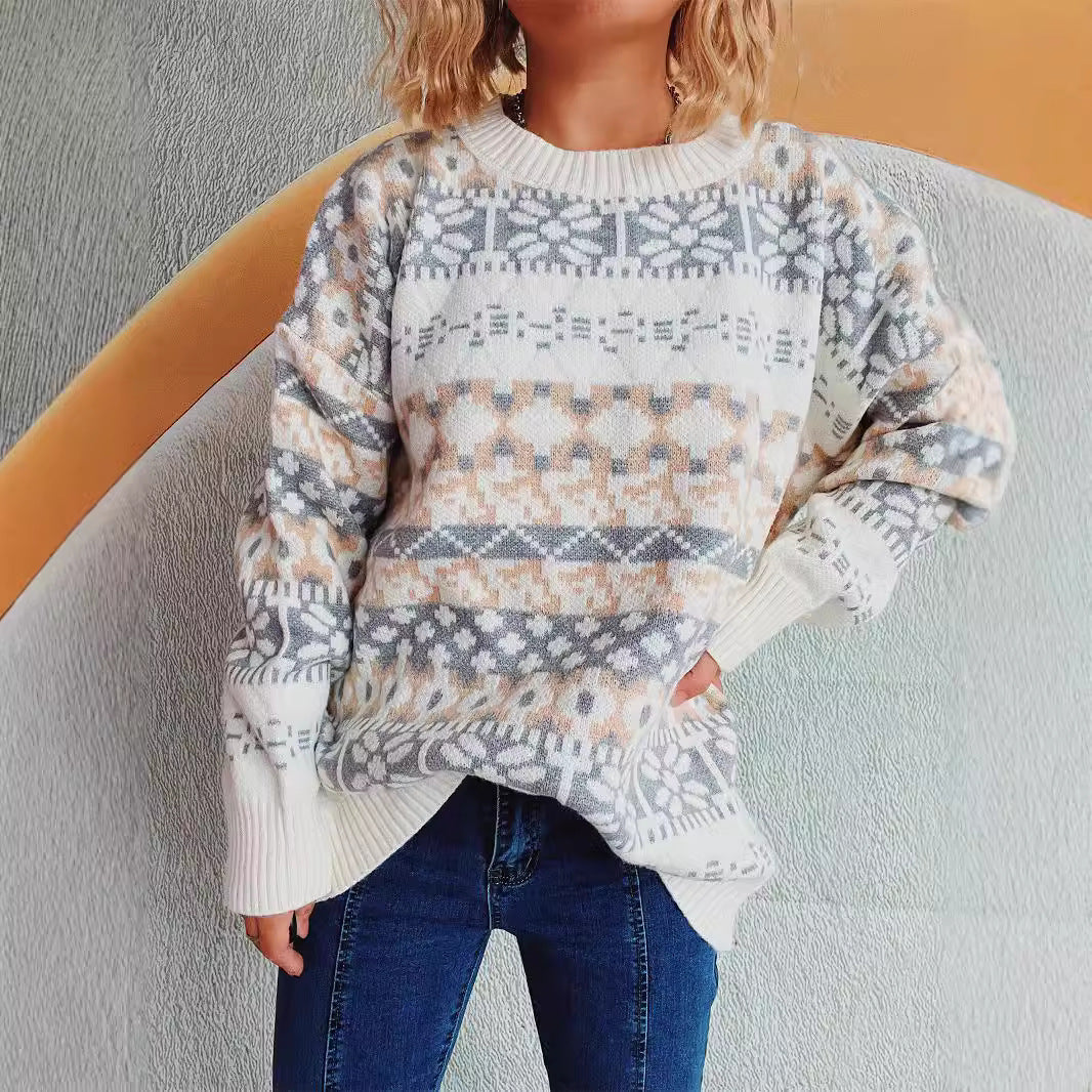 Damen gemütlicher Strickpullover mit winterlichem Muster und lässigem Schnitt EB
