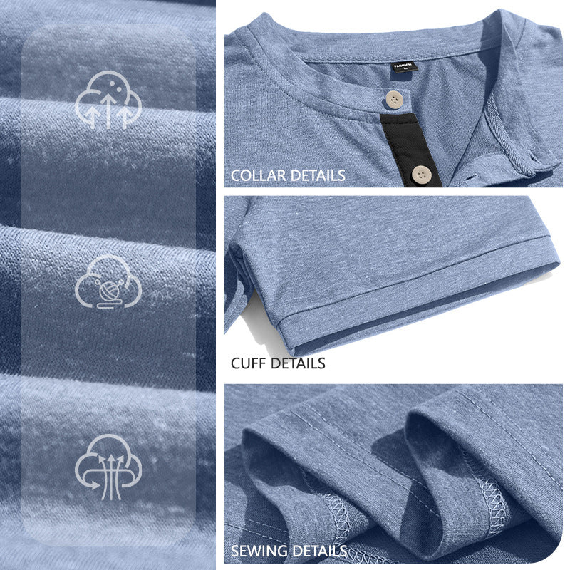 Herren nan strukturiertes Baumwoll-Henleyshirt mit kurzem Stehkragen Knopfleiste und Brusttasche EB
