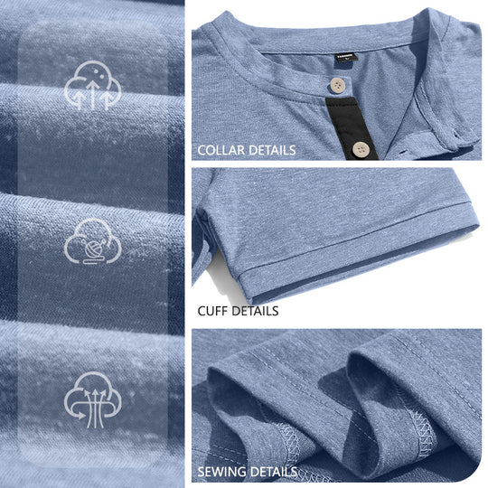 Herren nan strukturiertes Baumwoll-Henleyshirt mit kurzem Stehkragen Knopfleiste und Brusttasche EB