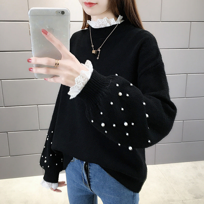 Damen trendiger Strickpullover mit Perlendetails und voluminösen Ärmeln EB