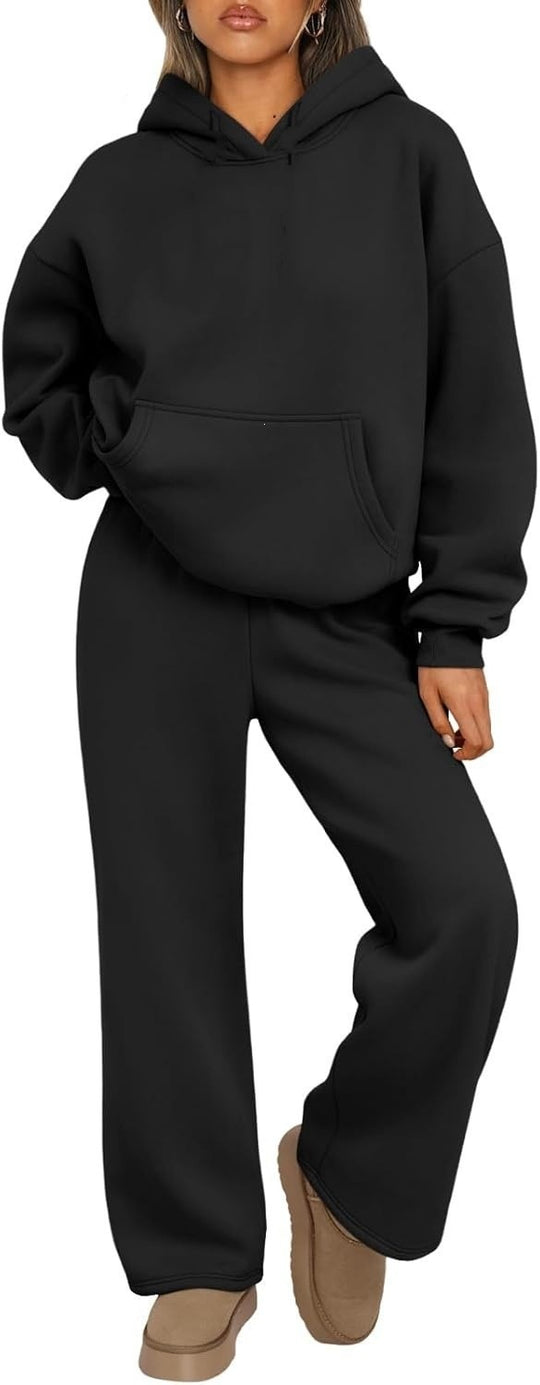 Damen nan Cozy-Loungewear-Set mit oversized Kapuzenpullover, Kängurutasche und weiten Palazzo-Jogginghose EB