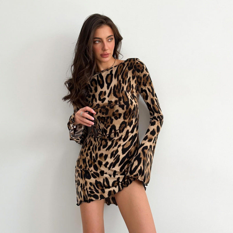 Damen Mini-Kleid mit langem Arm im Leopardenmuster EB