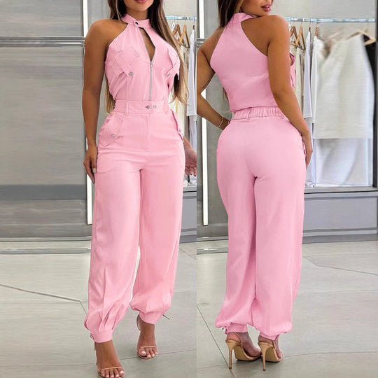 Damen modischer einteiliger Overall mit hohem Kragen und praktischen Taschen EB