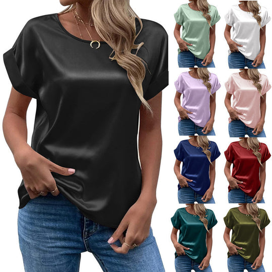 Damen Satin Oberteil mit lässigem Schnitt und umgeschlagenen Ärmeln EB