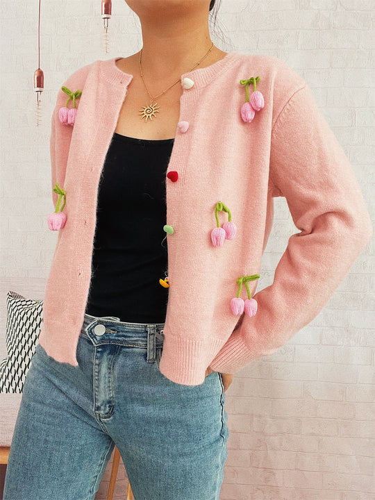 Damen Strickjacke mit fröhlichen Blumenapplikationen EB